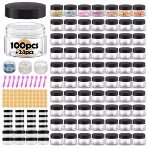 1 oz Plastic Containers with Lids 100pcs Plastic Jars with Lids   3/5/10 Gram 24pcs Sample Containers Travel Jar– Great for Lip Scrub, Body Butters, Cream, Lotion, Labels & Spatulas (124 Pack)