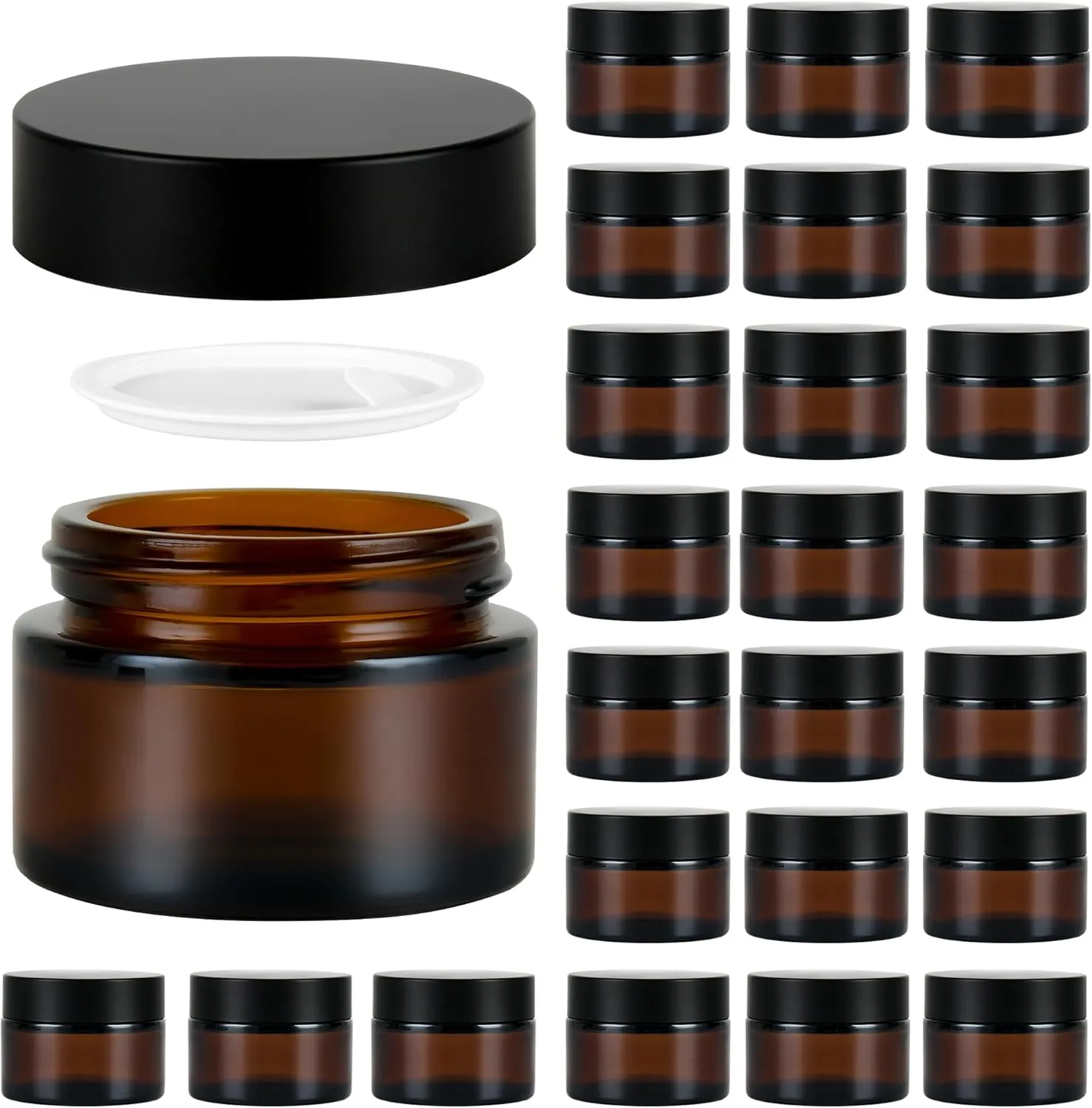1 oz Reusable Amber Glass Container Jars 24 Pack with Wide-mouth Leak Proof Cap and Inner Pull-On Lid for Travel Storage Makeup, Face Creams, Body Lotions, DIY Crafts or Others