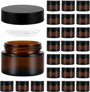 1 oz Reusable Amber Glass Container Jars 24 Pack with Wide-mouth Leak Proof Cap and Inner Pull-On Lid for Travel Storage Makeup, Face Creams, Body Lotions, DIY Crafts or Others