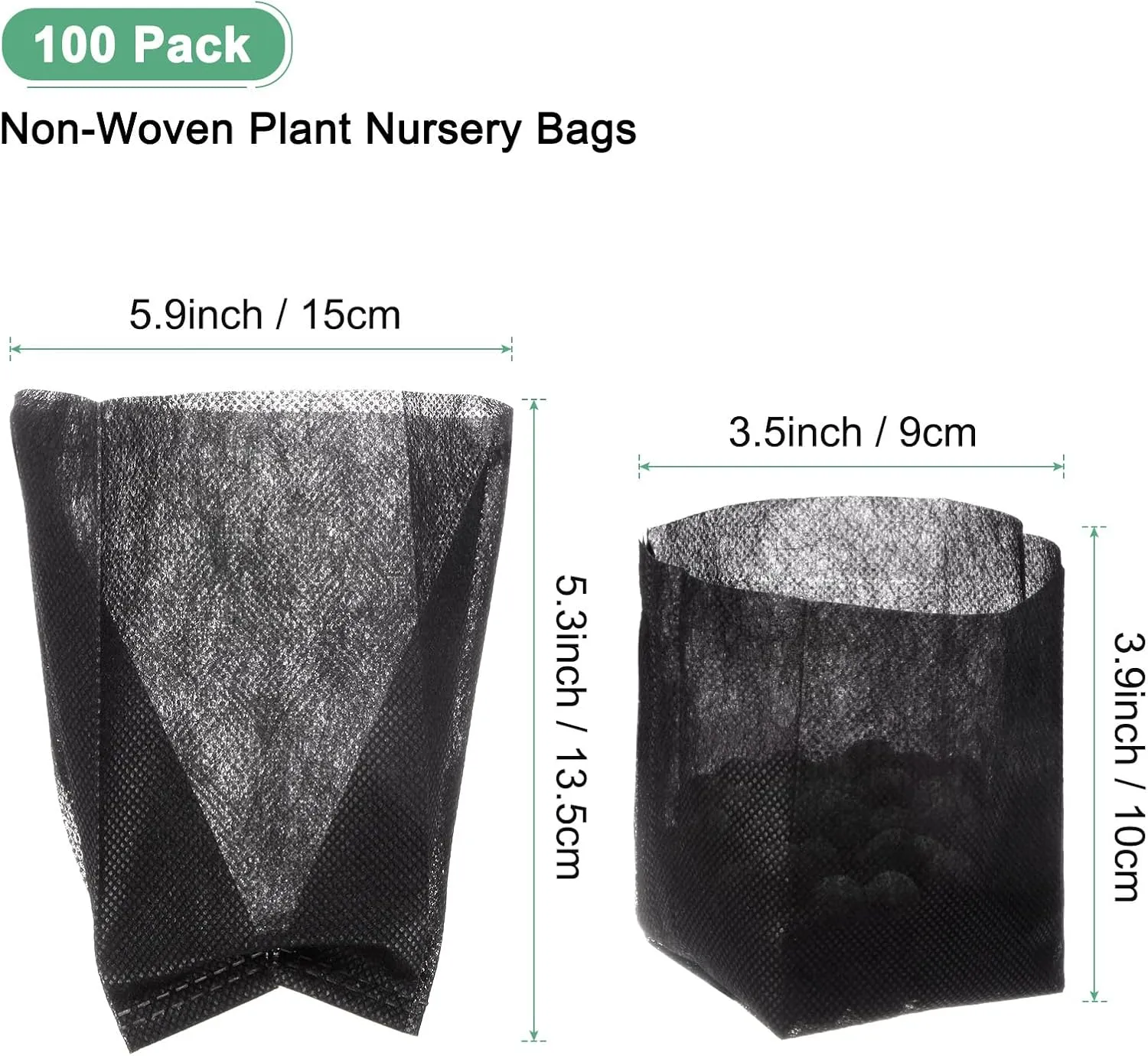 100-Pack Nursery Growing Bags, 5.3" x 5.9" Non-Woven Plant Nursery Bags, Fabric Seeding Pots Pouch for Seed Starting/Soil Transplant/Home Garden Supply [Black]