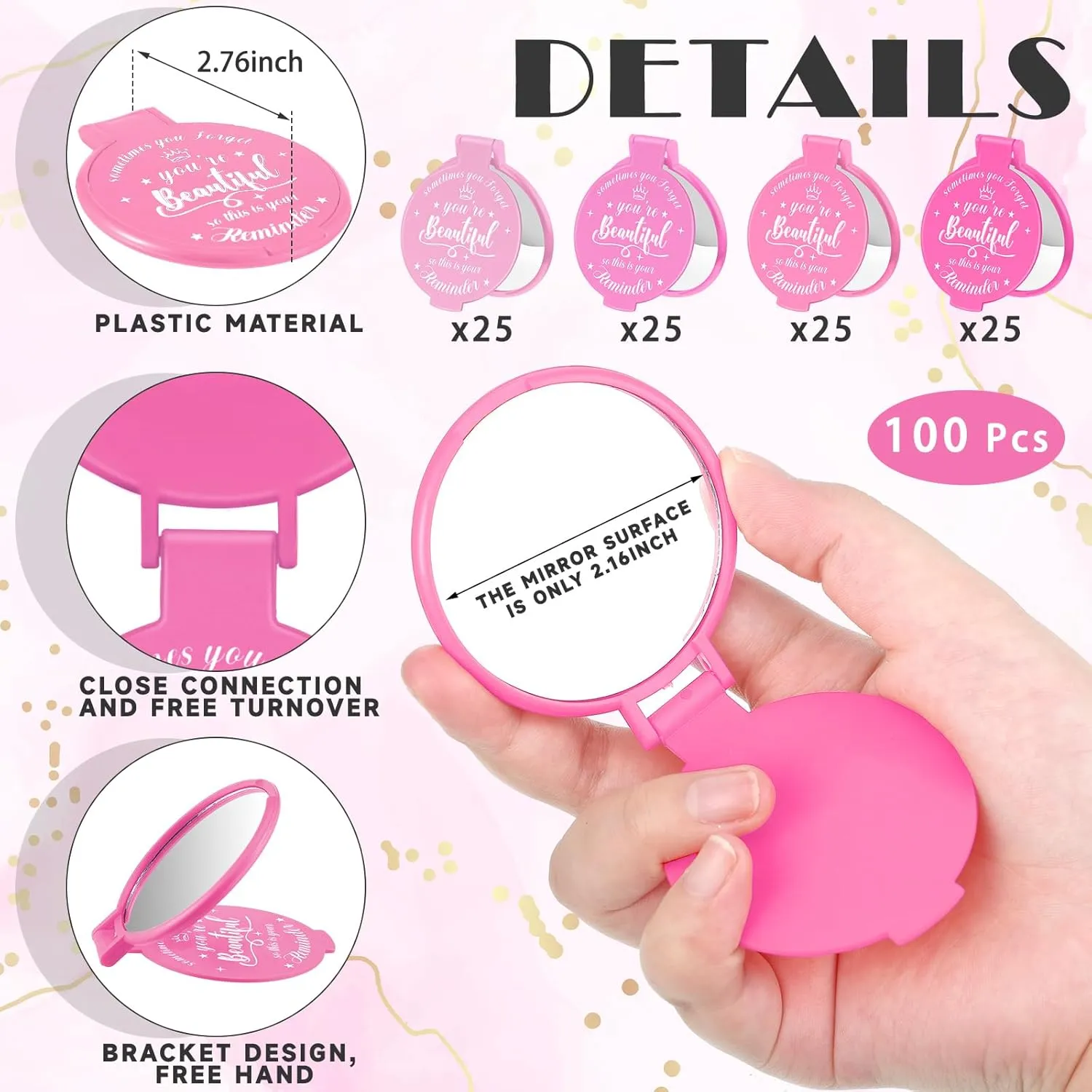 100 Pcs 2.76 Inch Inspirational Compact Mirror Bulk Party Favors Purse Small Mirror Pocket Mini Gifts for Women Adult Coworker Mother's Day Teacher Graduation Friends (Pink Series)