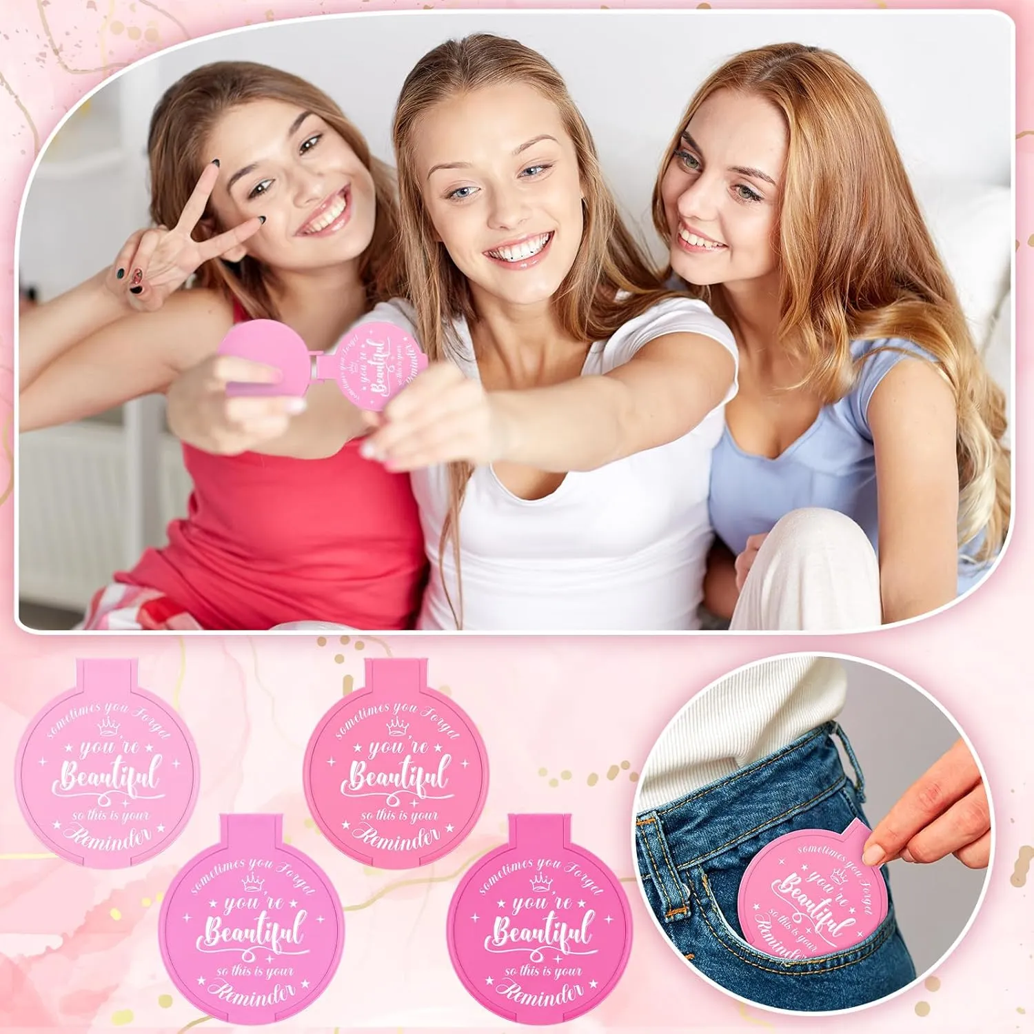 100 Pcs 2.76 Inch Inspirational Compact Mirror Bulk Party Favors Purse Small Mirror Pocket Mini Gifts for Women Adult Coworker Mother's Day Teacher Graduation Friends (Pink Series)