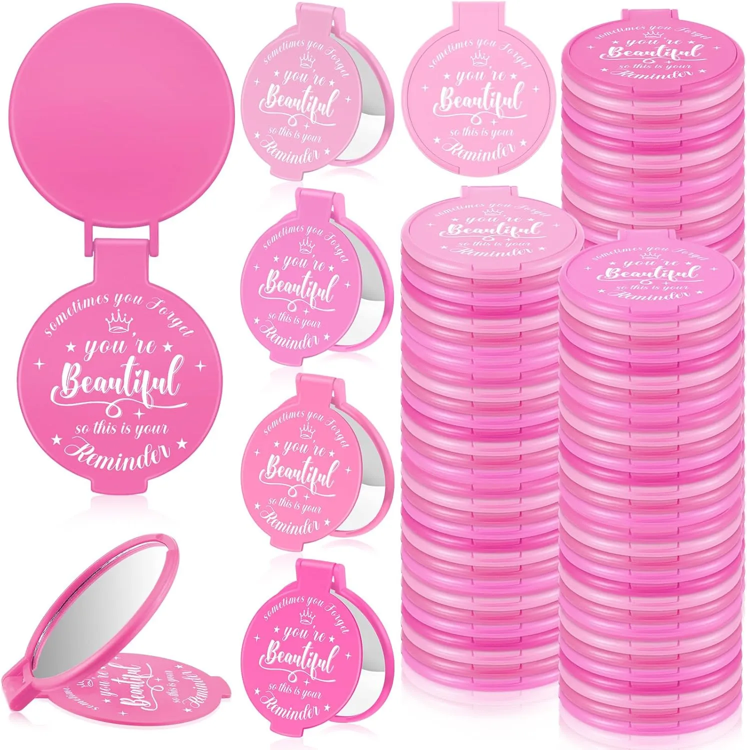 100 Pcs 2.76 Inch Inspirational Compact Mirror Bulk Party Favors Purse Small Mirror Pocket Mini Gifts for Women Adult Coworker Mother's Day Teacher Graduation Friends (Pink Series)