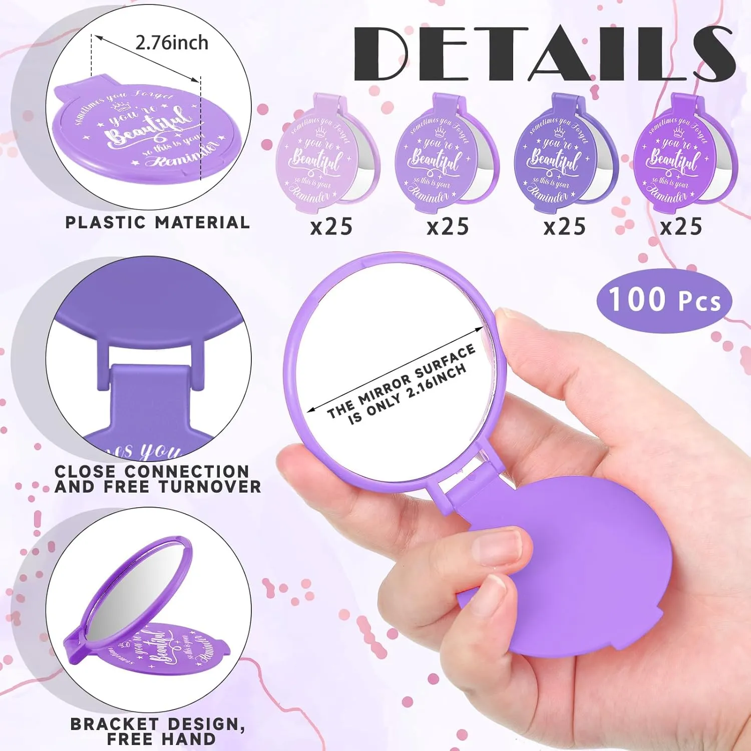 100 Pcs 2.76 Inch Inspirational Compact Mirror Bulk Party Favors Purse Small Mirror Pocket Mini Gifts for Women Adult Coworker Mother's Day Teacher Graduation Friends (Purple Series)