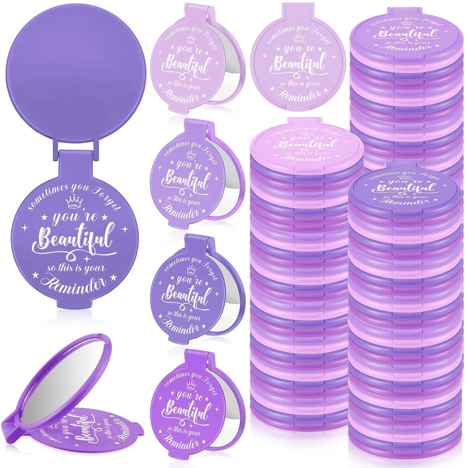 100 Pcs 2.76 Inch Inspirational Compact Mirror Bulk Party Favors Purse Small Mirror Pocket Mini Gifts for Women Adult Coworker Mother's Day Teacher Graduation Friends (Purple Series)