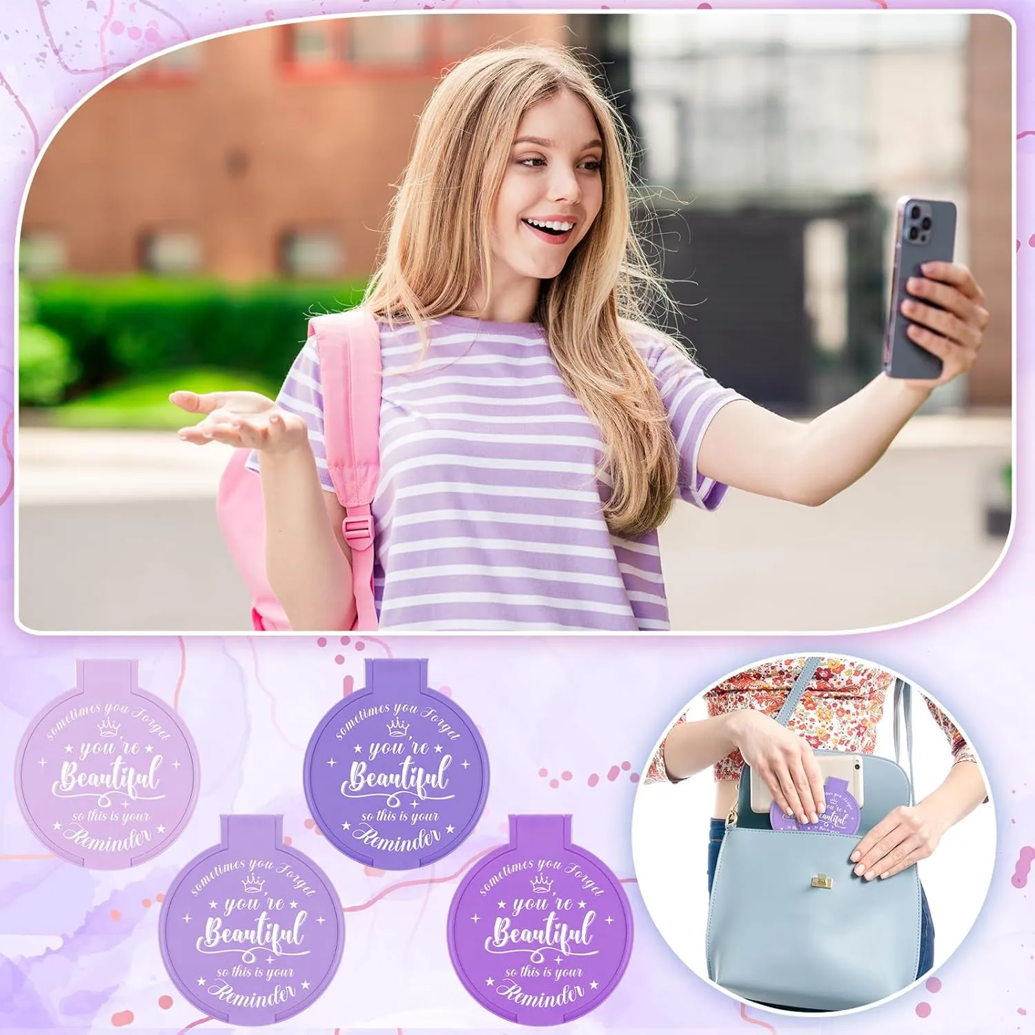 100 Pcs 2.76 Inch Inspirational Compact Mirror Bulk Party Favors Purse Small Mirror Pocket Mini Gifts for Women Adult Coworker Mother's Day Teacher Graduation Friends (Purple Series)