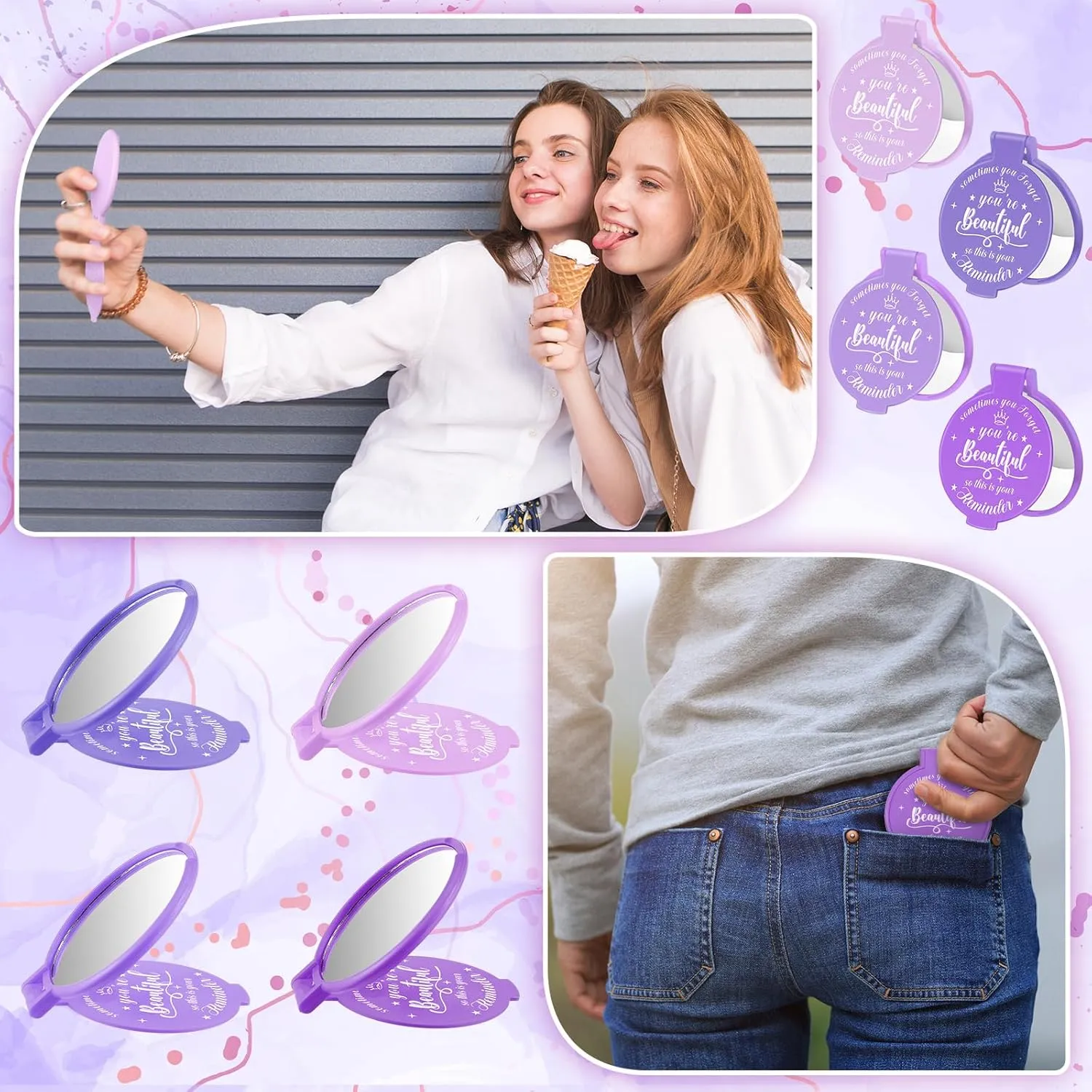 100 Pcs 2.76 Inch Inspirational Compact Mirror Bulk Party Favors Purse Small Mirror Pocket Mini Gifts for Women Adult Coworker Mother's Day Teacher Graduation Friends (Purple Series)