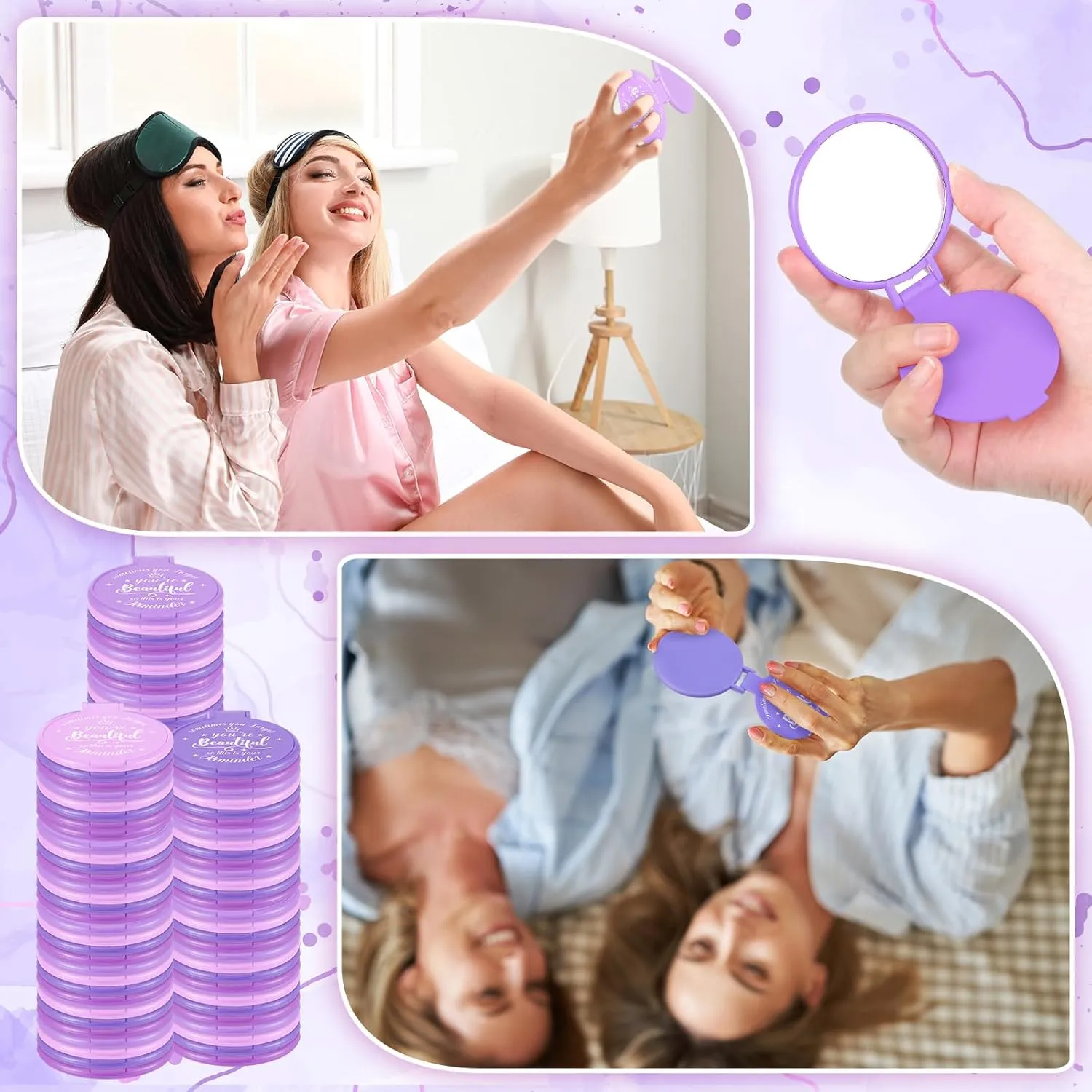 100 Pcs 2.76 Inch Inspirational Compact Mirror Bulk Party Favors Purse Small Mirror Pocket Mini Gifts for Women Adult Coworker Mother's Day Teacher Graduation Friends (Purple Series)