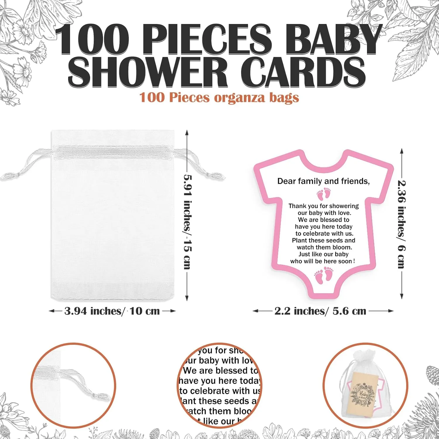 100 Pcs Baby Shower Seed Packets Baby in Bloom Flower Seed Packets Bulk 100 Thank You Cards 100 Organza Gift Bags for Party Gift Favors, No Seeds(Pink)