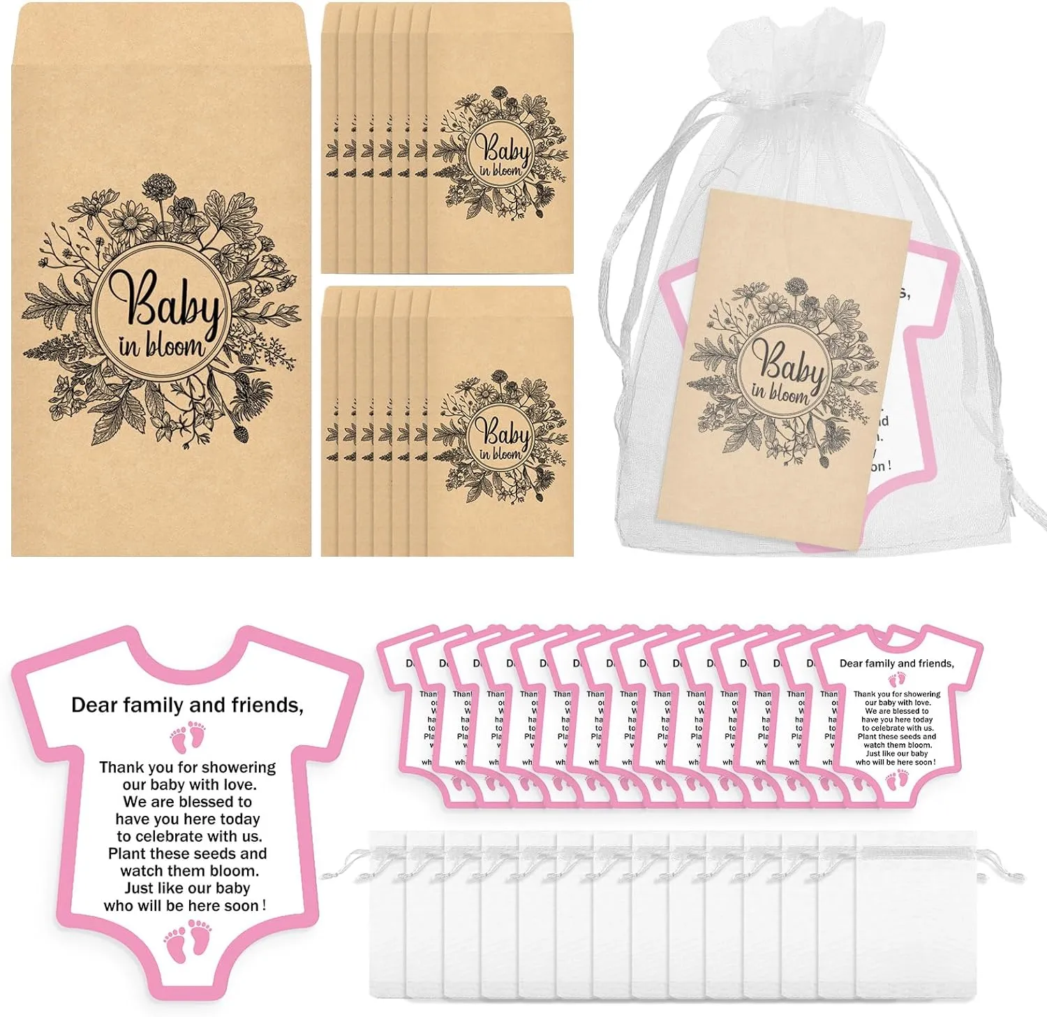 100 Pcs Baby Shower Seed Packets Baby in Bloom Flower Seed Packets Bulk 100 Thank You Cards 100 Organza Gift Bags for Party Gift Favors, No Seeds(Pink)