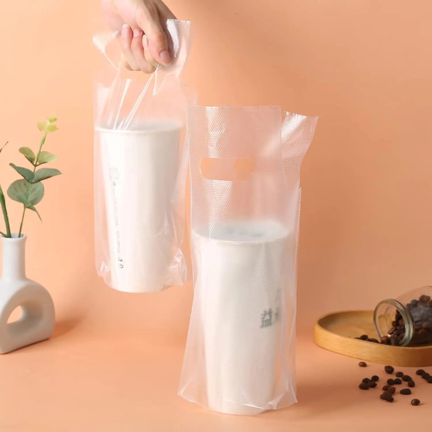 1000PCS Clear Handle Drink Drinking Poly Plastic Packaging Bags,Drink Carrier, for Delivery Take Out Cup Holder Bar Restaurant Coffee Shop Supplies Cup Carriers (16x26cm)