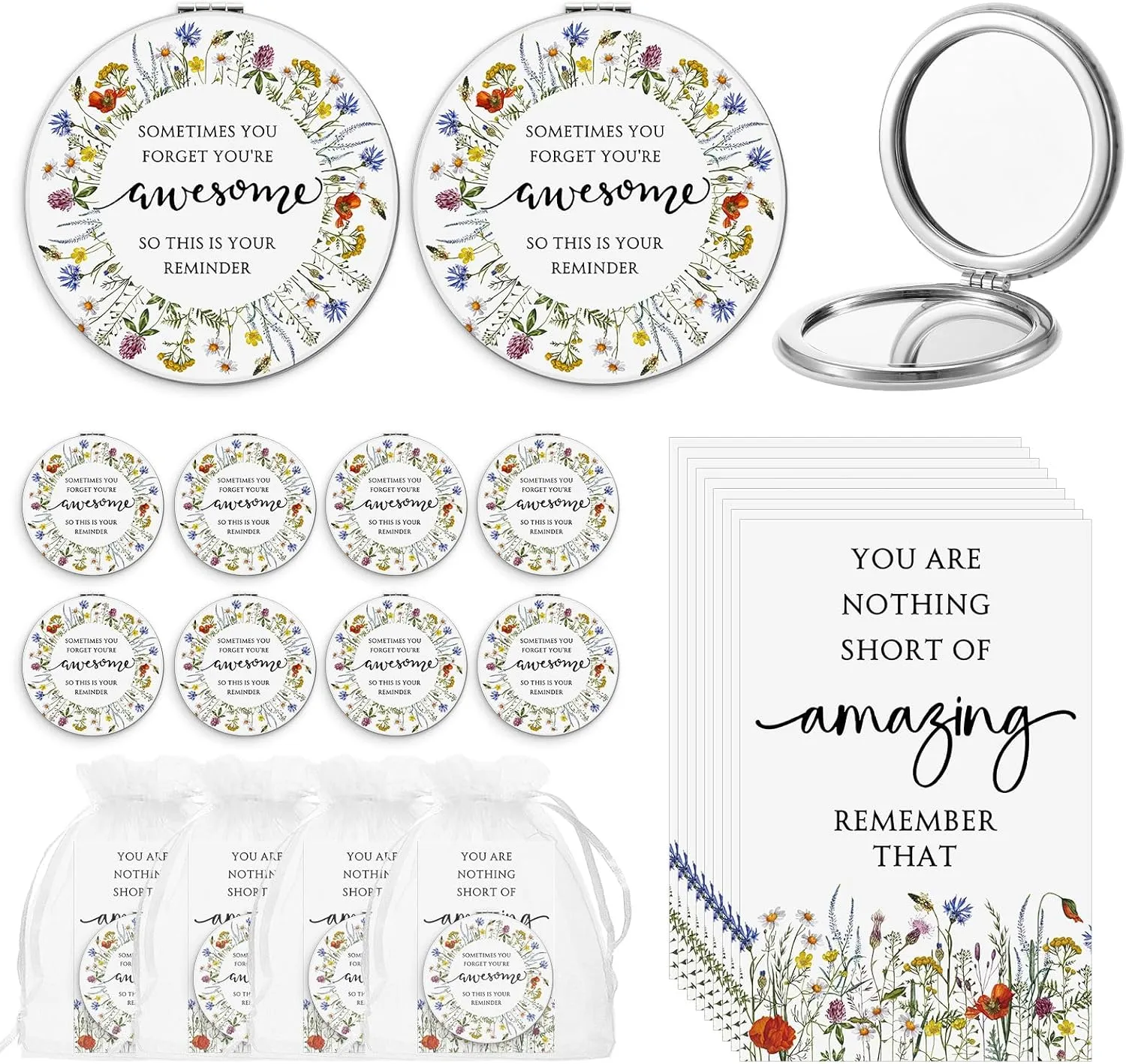 12 Set Inspirational Gifts for Women Bulk Motivational Compact Mirror Makeup Pocket Mirror for Purse Double Sided Folding Mirror Inspirational Gift Cards with Bag for Women