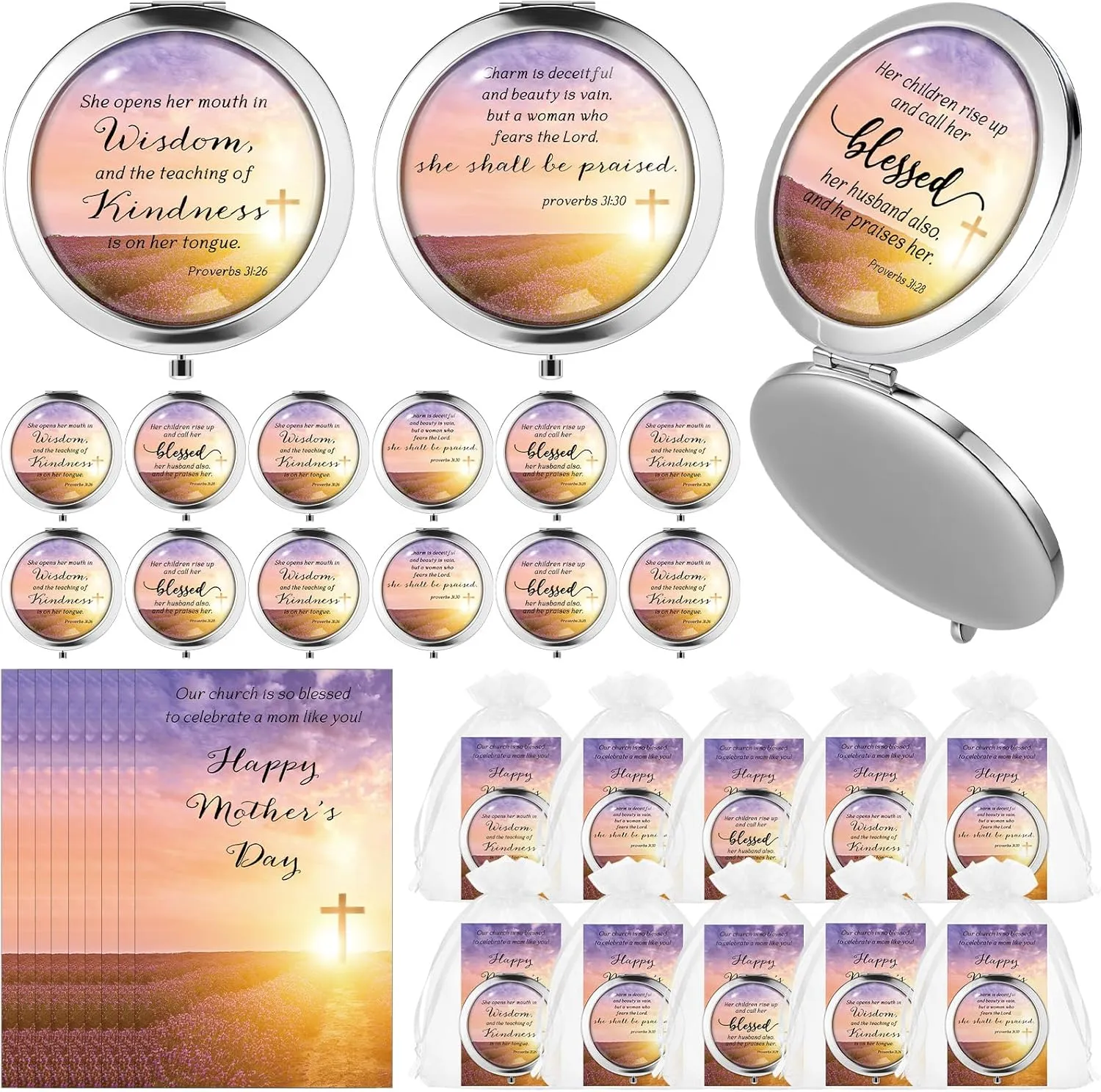 12 Sets Mother's Day Church Gifts Bulk Christian Compact Makeup Mirror Bible Verse Round Pocket Mirror with Gift Cards Organza Bags for Women