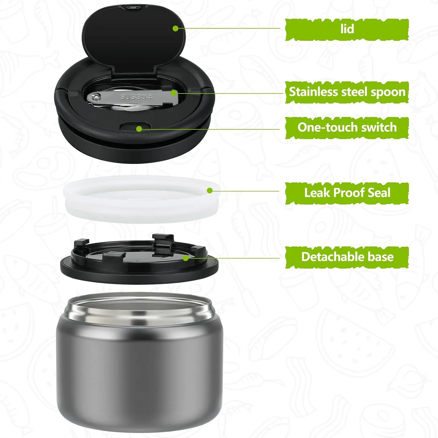 14oz Thermo Food Jar for Kids,Insulated Vacuum Food Jar for Hot & Cold Leak Proof Lunch Container Stainless Steel Wide Mouth Soup for School Travel (Sliver no bag)