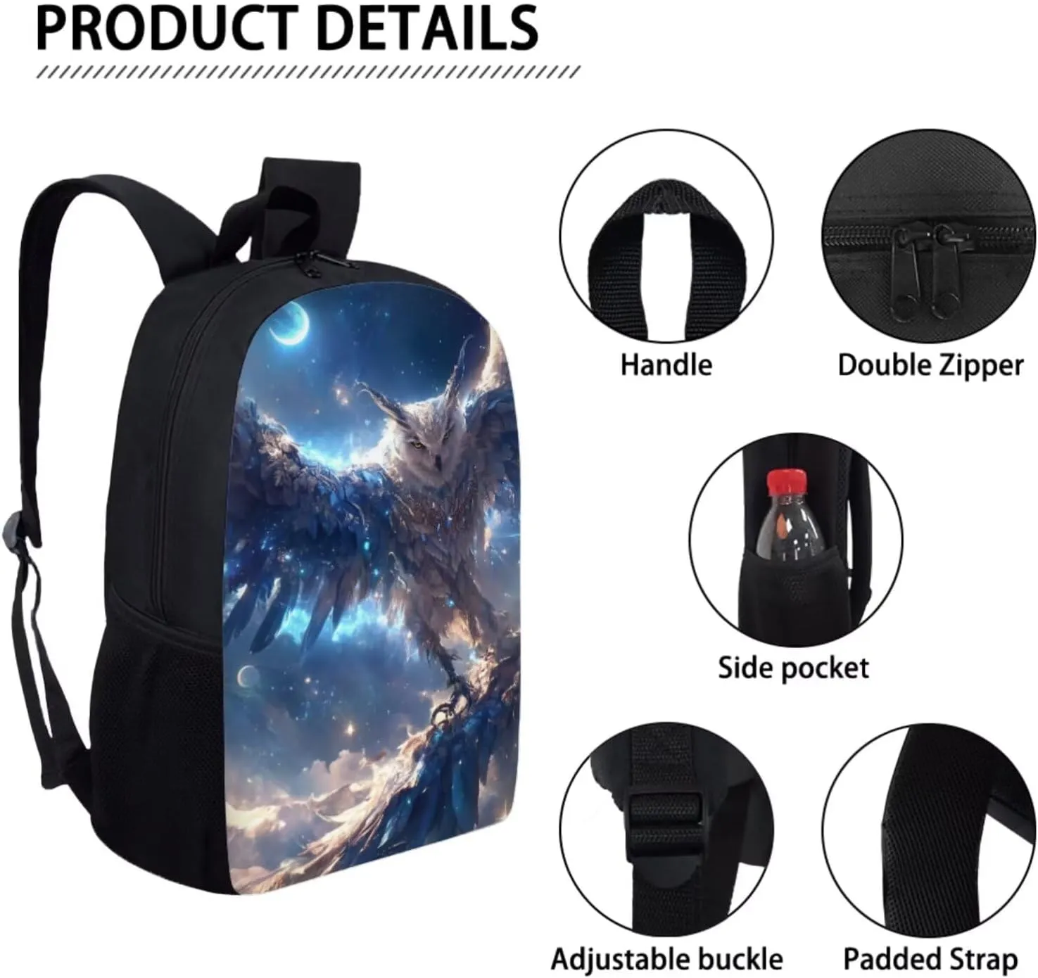 17 Inch Animal Print School Backpack And Lunch Box Set for Kids Lightweight Beautiful Magical Owl Backpack for Boys Girl Sturdy School Bag with Insulated Lunchbox Pencil Case Student Bookbag