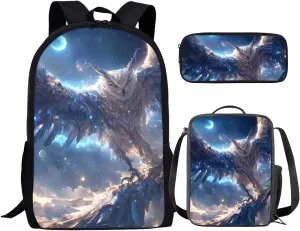 17 Inch Animal Print School Backpack And Lunch Box Set for Kids Lightweight Beautiful Magical Owl Backpack for Boys Girl Sturdy School Bag with Insulated Lunchbox Pencil Case Student Bookbag
