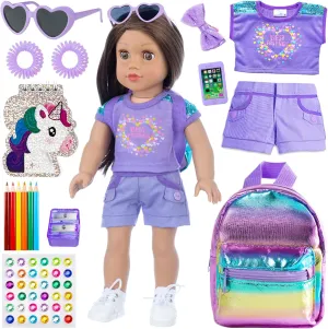18 Inch Girl Doll Clothes & Accessories School Supplies Playset with Clothes, School Bags, Sunglasses, Pencils, Pencil Sharpener, Notebooks, Phone, Hair Clip, Stickers