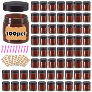 2 oz Plastic Containers with Lids 100pcs Amber Plastic Jars with Lids   3/5/10 Gram 24pcs Sample Containers Travel Jar– Great for Lip Scrub, Body Butters, Cream, Lotion, Labels & Spatulas