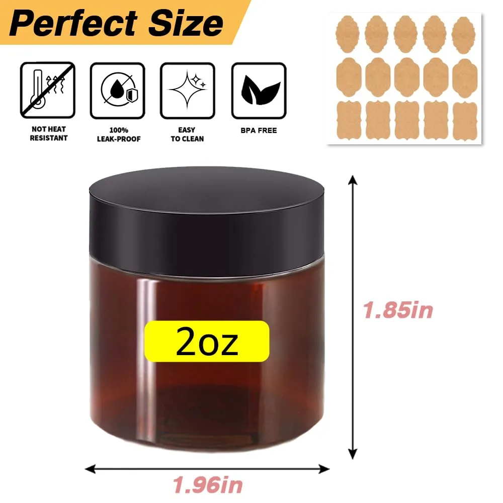 2 oz Plastic Containers with Lids 100pcs Amber Plastic Jars with Lids   3/5/10 Gram 24pcs Sample Containers Travel Jar– Great for Lip Scrub, Body Butters, Cream, Lotion, Labels & Spatulas