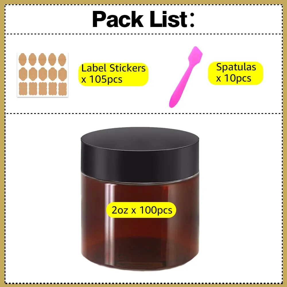 2 oz Plastic Containers with Lids 100pcs Amber Plastic Jars with Lids   3/5/10 Gram 24pcs Sample Containers Travel Jar– Great for Lip Scrub, Body Butters, Cream, Lotion, Labels & Spatulas