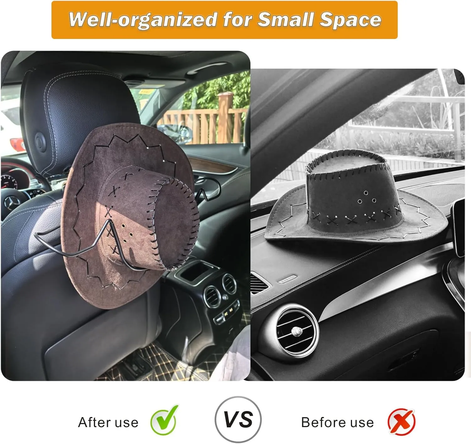 2 Pack Cowboy Hat Rack for Car Truck Accessories for Men Women Hats Holder for Automotive Seat Back Storage Hooks for Hardhat Baseball Caps Christmas Gifts - Suitable for Wide Brim(Below 5inches)