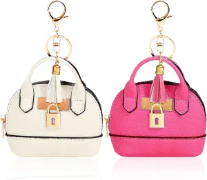 2 pcs Cute Mini Cosmetic Bag for Women PU Leather Backpack Keychain Makeup Bag Key Pocket Lipstick Bag Card Holder Data Cable Organizer Zipper Pouch (Handbag, Rose Red   White)