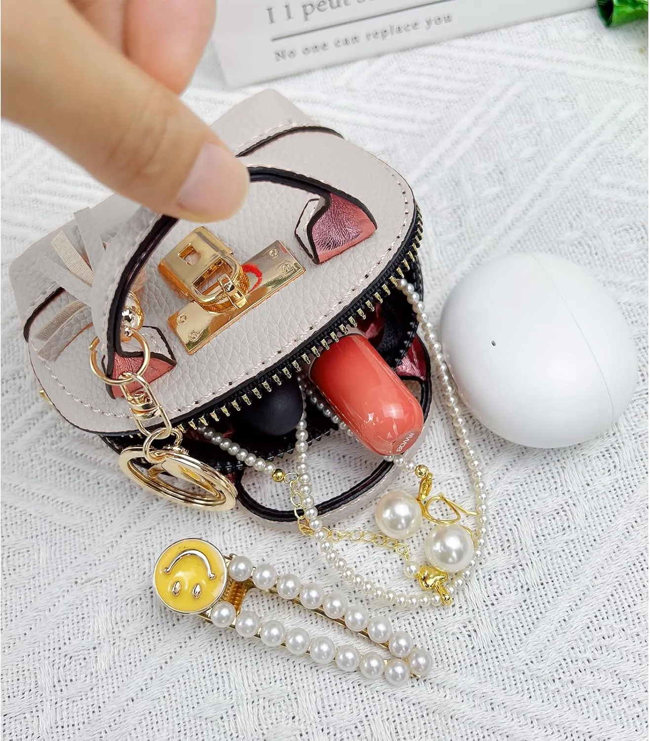 2 pcs Cute Mini Cosmetic Bag for Women PU Leather Backpack Keychain Makeup Bag Key Pocket Lipstick Bag Card Holder Data Cable Organizer Zipper Pouch (Handbag, Rose Red   White)