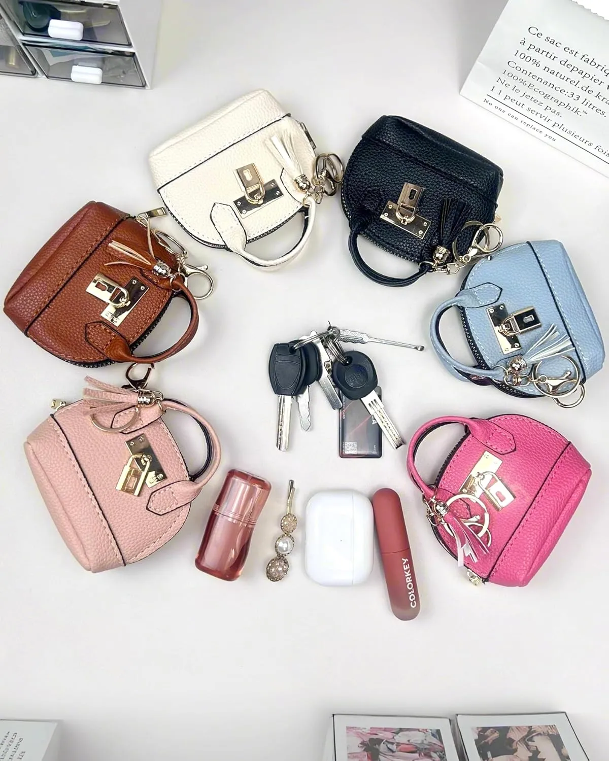 2 pcs Cute Mini Cosmetic Bag for Women PU Leather Backpack Keychain Makeup Bag Key Pocket Lipstick Bag Card Holder Data Cable Organizer Zipper Pouch (Handbag, Rose Red   White)