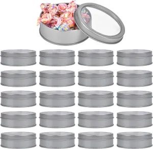 20 Pack 3.5 Ounce Metal Tin Cans, Round Empty Container Cans with Clear Top, Storage Cans Gift Case for Kitchen, Office, Candles, Candies, Arts & Crafts