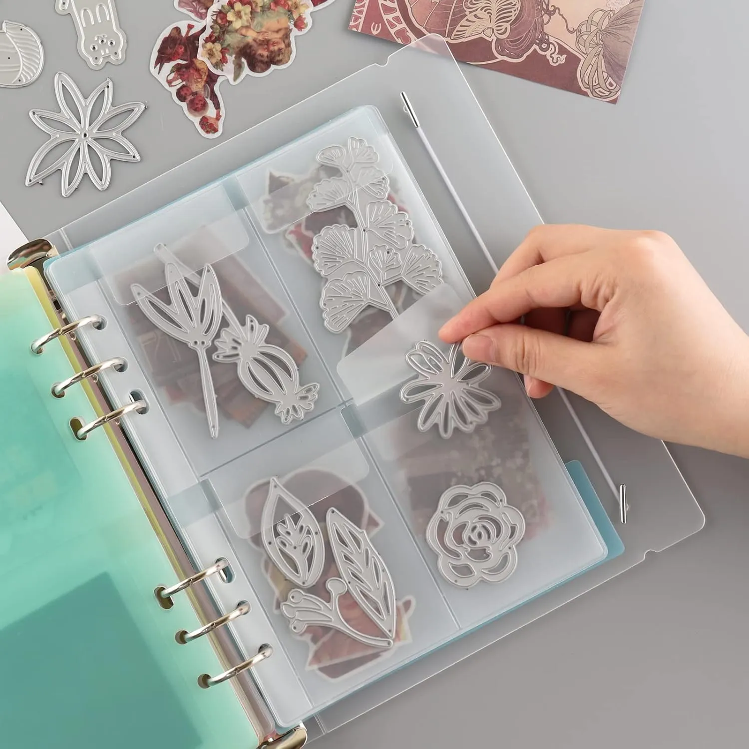 20 Pages A5 6 Ring Clear Stamps Storage Embossing Folder Storage with Dividers Photo Storage Album Seal Bags Storage Keeper Cards Folder Storage Bag for DIY Scrapbooking Arts Crafts Collecting Bags