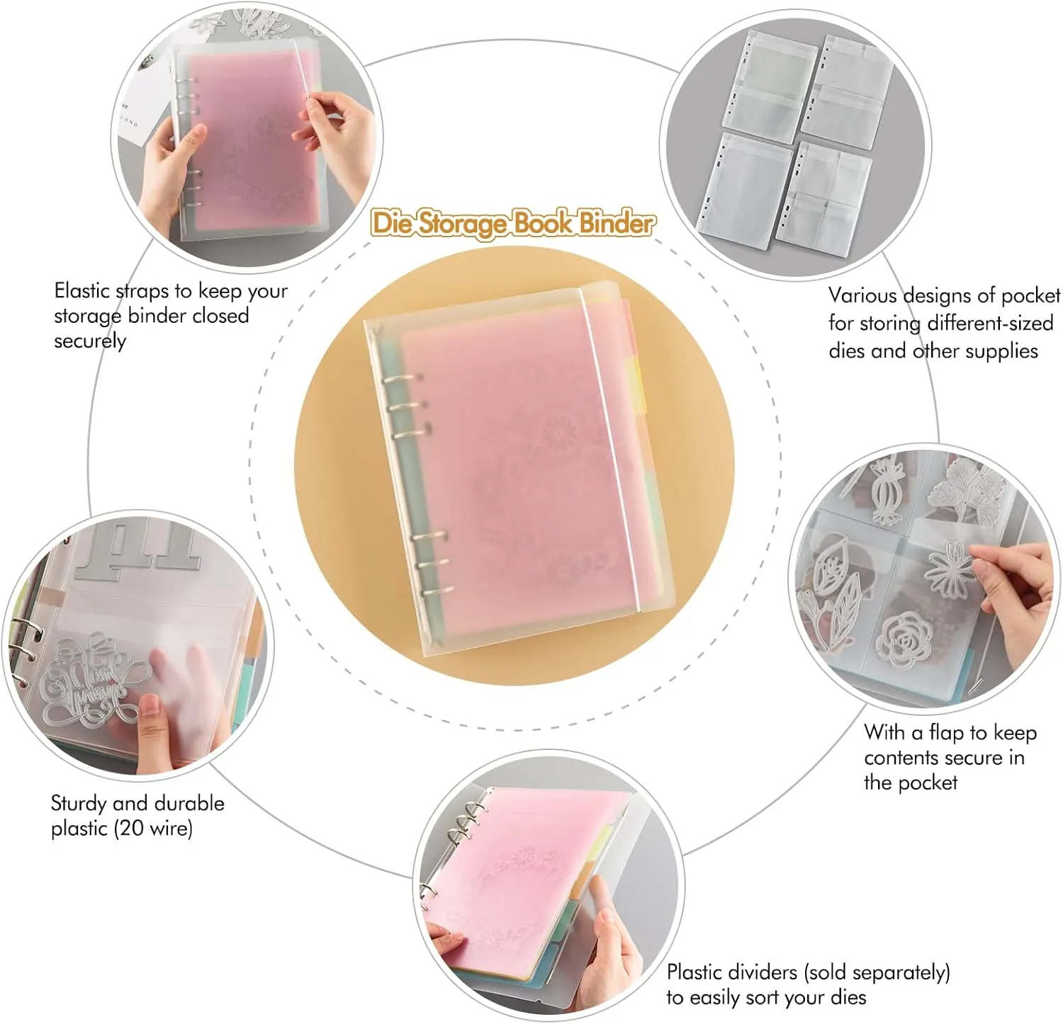 20 Pages A5 6 Ring Clear Stamps Storage Embossing Folder Storage with Dividers Photo Storage Album Seal Bags Storage Keeper Cards Folder Storage Bag for DIY Scrapbooking Arts Crafts Collecting Bags