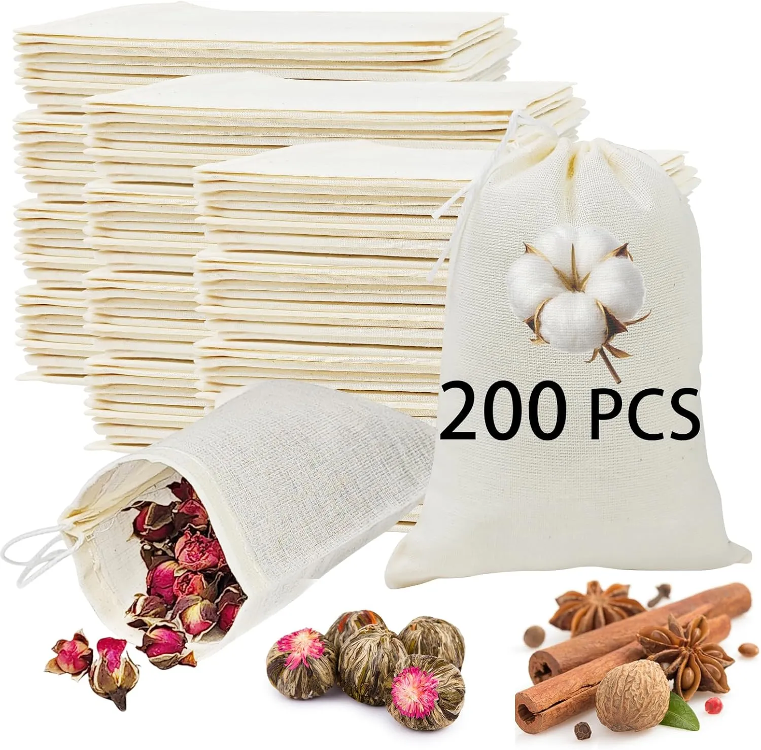 200PCS spice bags for cooking muslin bags 3x4 small cloth bags with drawstrings small reusable muslin bags，herb bags for cooking cloth drawstring bags，small muslin bags potpourri bags empty