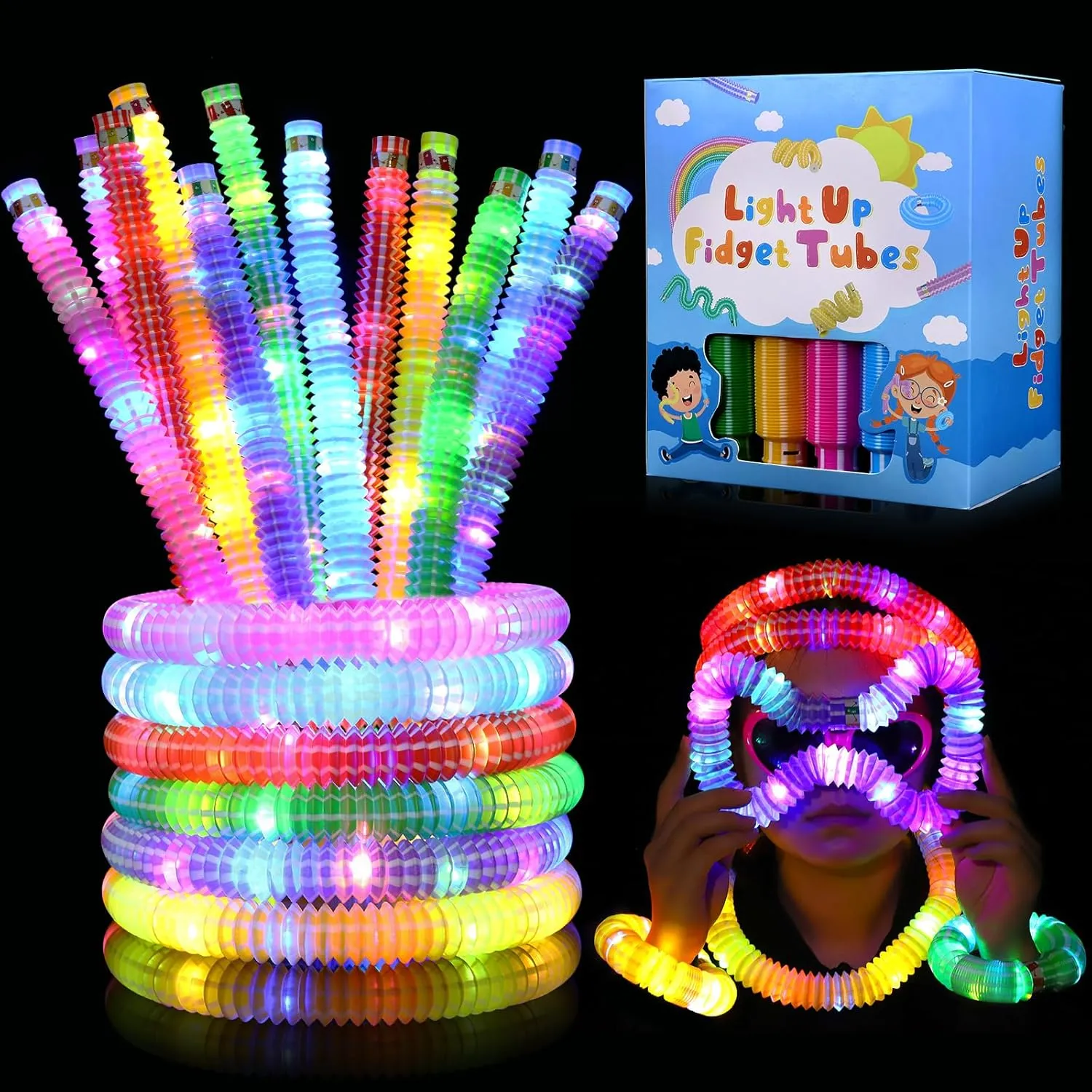 24 Pack Glow Sticks 4th of July Party Favors for Kids 4-8-12, Goodie Bags Stuffers Light up Pop Tubes, Bulk Glow Necklace Bracelet Birthday Glow in the Dark Party Supplies Party Decoration for Camp