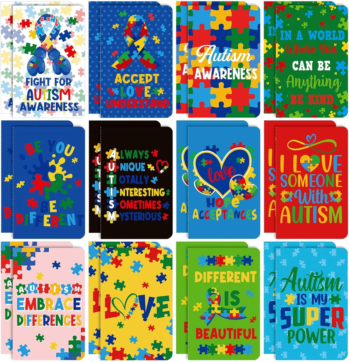 24 Pcs Autism Awareness Notepads Bulk, Mini Puzzle Pieces Notebooks Autism Motivational Inspirational Pocket Journal Accept Love Understand Memo Pads Gifts for Women Men Kids School Prizes Supplies