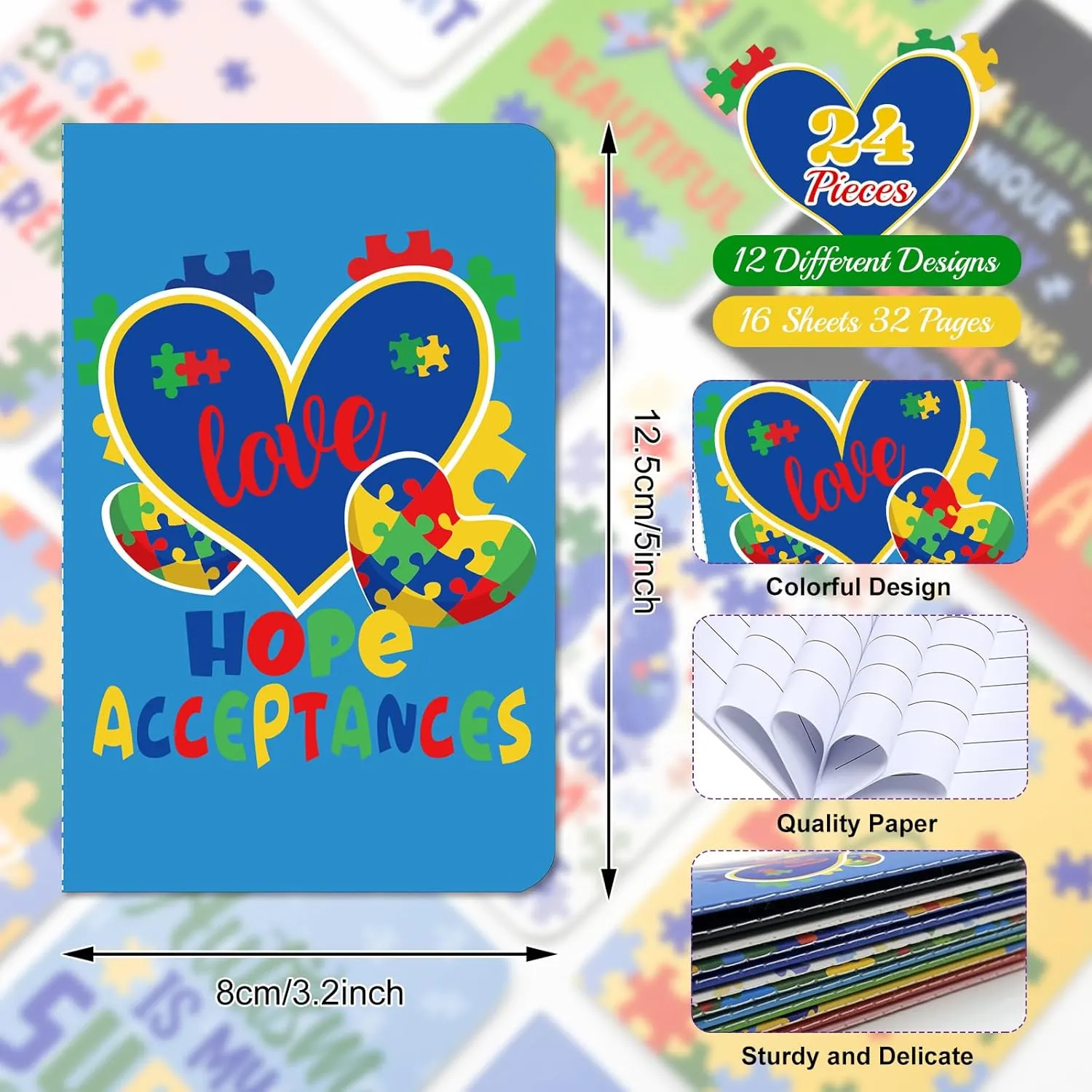 24 Pcs Autism Awareness Notepads Bulk, Mini Puzzle Pieces Notebooks Autism Motivational Inspirational Pocket Journal Accept Love Understand Memo Pads Gifts for Women Men Kids School Prizes Supplies