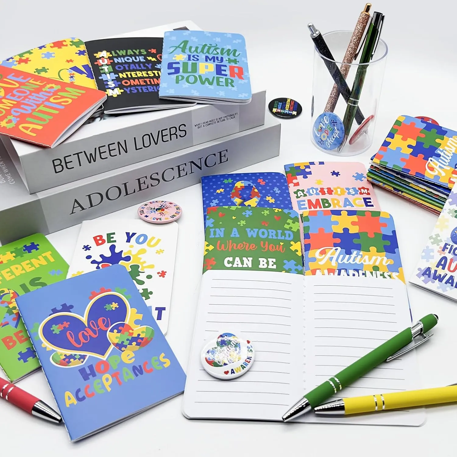 24 Pcs Autism Awareness Notepads Bulk, Mini Puzzle Pieces Notebooks Autism Motivational Inspirational Pocket Journal Accept Love Understand Memo Pads Gifts for Women Men Kids School Prizes Supplies
