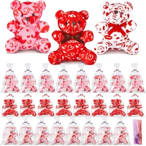 24 Pcs Valentines Day Plush Bear with Gift Bag Mini Stuffed Bears with Heart Pattern Mini Stuffed Animal for Valentine's Day Gifts Birthday School Graduation Party Favor, 4 Inch, Red Pink White