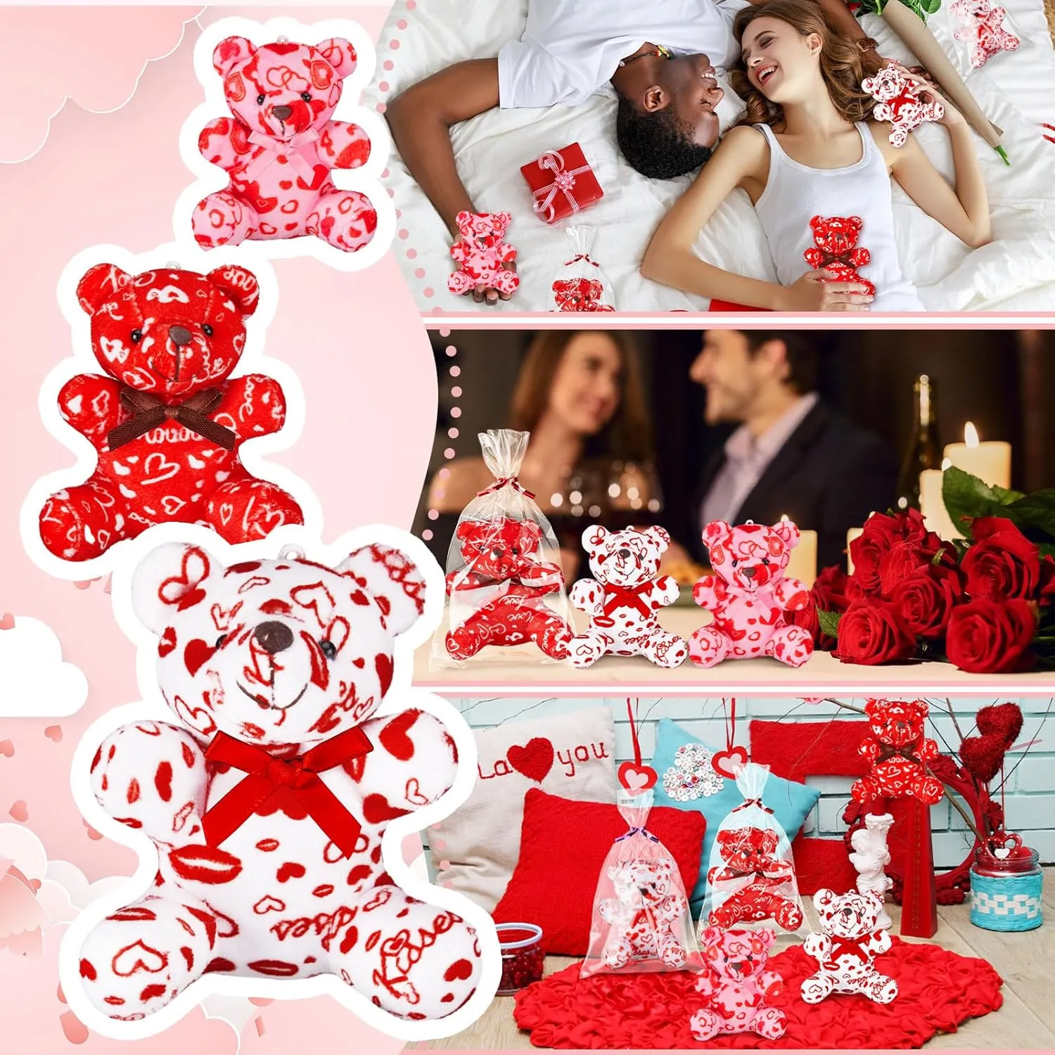 24 Pcs Valentines Day Plush Bear with Gift Bag Mini Stuffed Bears with Heart Pattern Mini Stuffed Animal for Valentine's Day Gifts Birthday School Graduation Party Favor, 4 Inch, Red Pink White