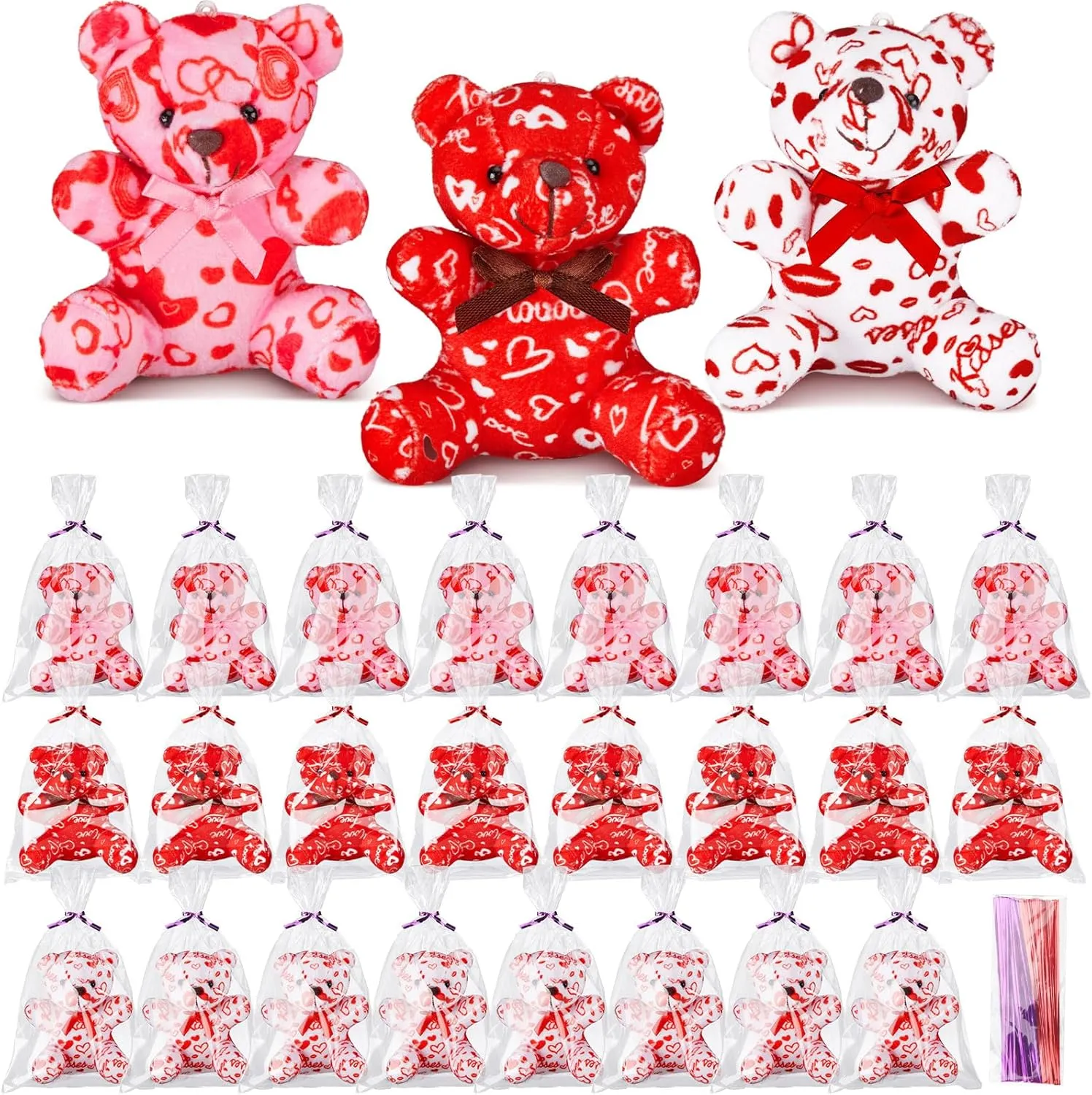 24 Pcs Valentines Day Plush Bear with Gift Bag Mini Stuffed Bears with Heart Pattern Mini Stuffed Animal for Valentine's Day Gifts Birthday School Graduation Party Favor, 4 Inch, Red Pink White