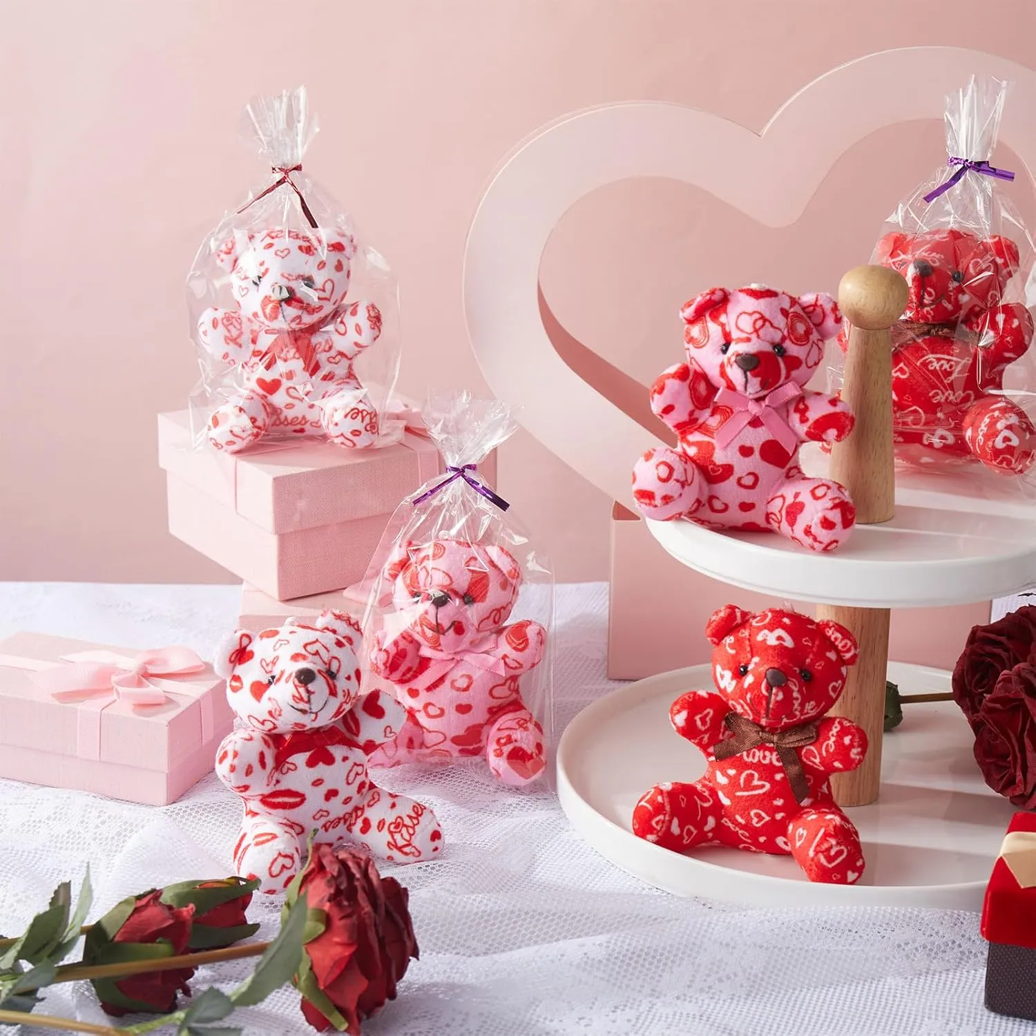 24 Pcs Valentines Day Plush Bear with Gift Bag Mini Stuffed Bears with Heart Pattern Mini Stuffed Animal for Valentine's Day Gifts Birthday School Graduation Party Favor, 4 Inch, Red Pink White
