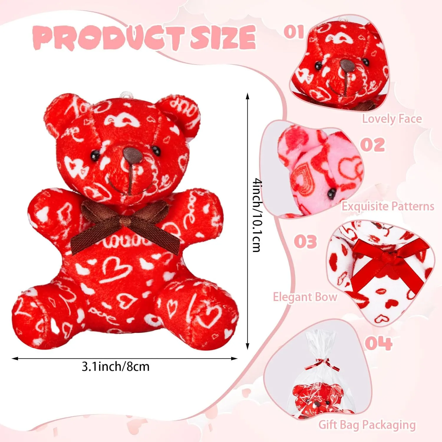 24 Pcs Valentines Day Plush Bear with Gift Bag Mini Stuffed Bears with Heart Pattern Mini Stuffed Animal for Valentine's Day Gifts Birthday School Graduation Party Favor, 4 Inch, Red Pink White