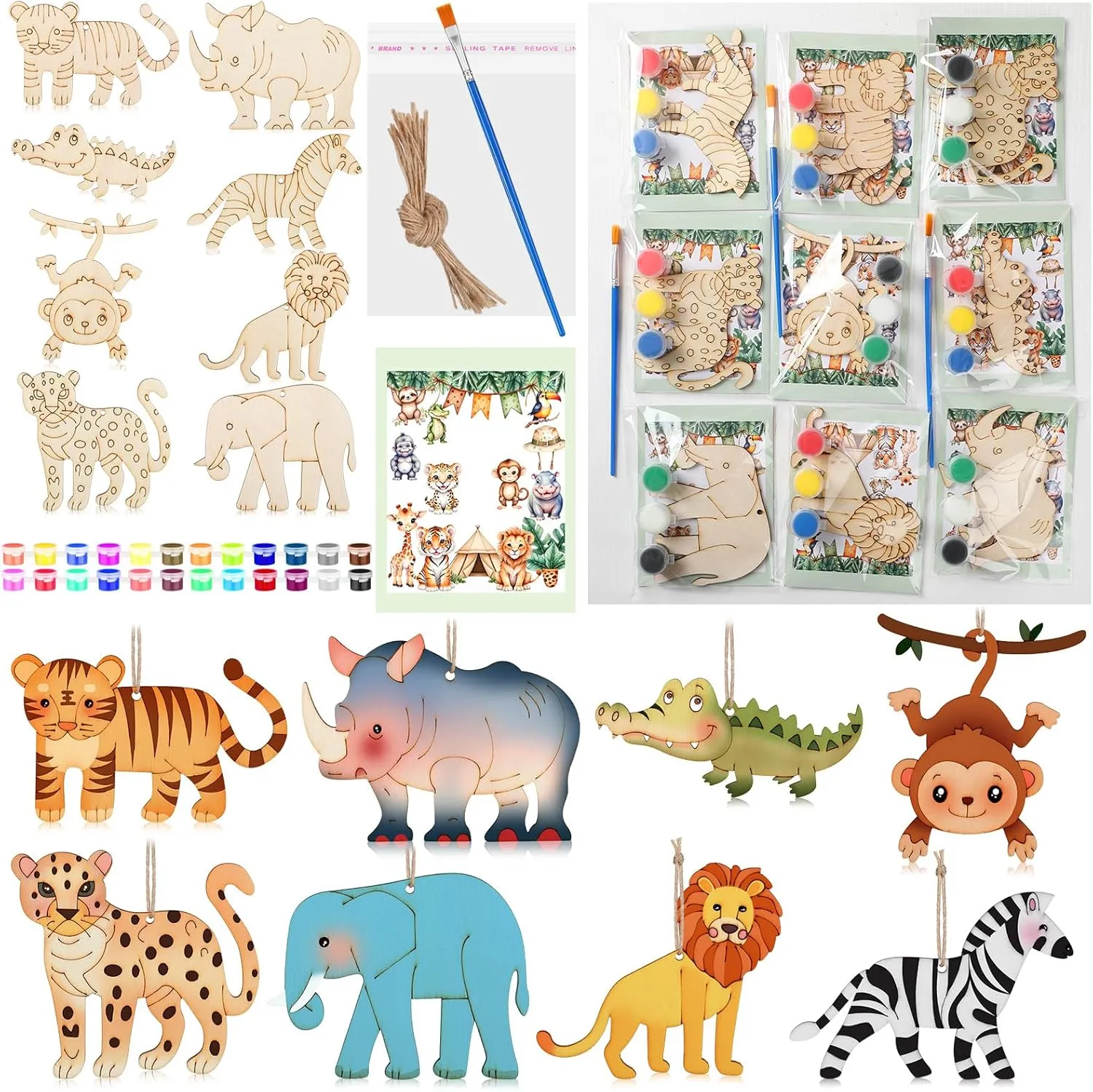 24 Set Safari Party Favors Jungle Craft Kits Supplies DIY Safari Jungle Wooden Painting Kit Wooden Coloring Crafts Wild Animals Birthday Goodie Bags Gifts Prizes