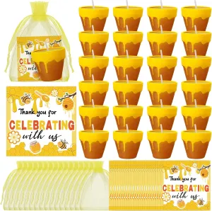 24 Sets Bee Themed Candle Set for Baby Shower Party Favors Cute Honey Jar Candle with Thank You Tags Organza Bags for Guest Gender Reveal Party Decoration Gifts (Yellow)
