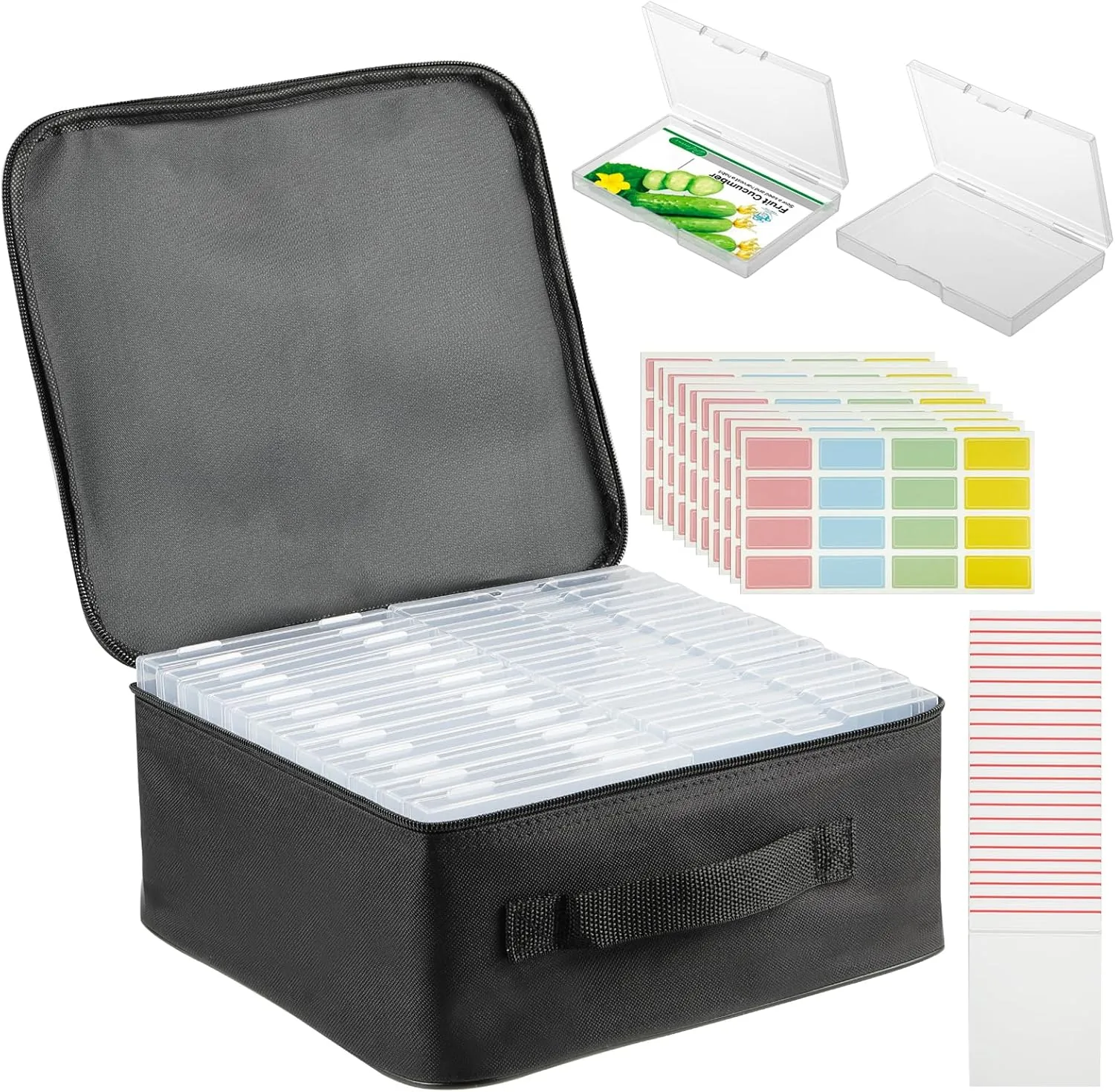 24 Slot Seed Storage Organizer Box with Dual Zipper Bag, Garden Seed Organize Sealed Bags and 160 Pcs Label Stickers Saving Container Keeper Set for Garden Vegetable Flower Plants