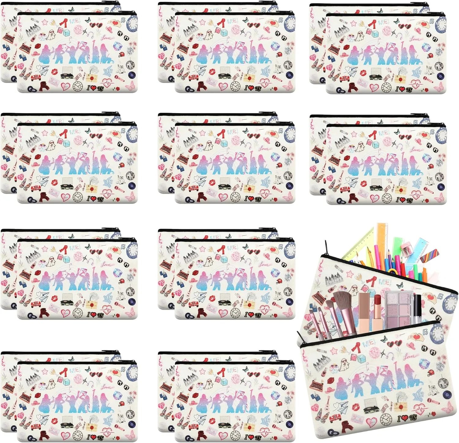 24pcs Party Makeup Bag - Music Lover Gift Bags, Fan Makeup Bags, Birthday Party Supplies for Female Friends and Sisters, Travel Storage Zipper Bag Gifts for Mother, Daughter, Friend, Girl
