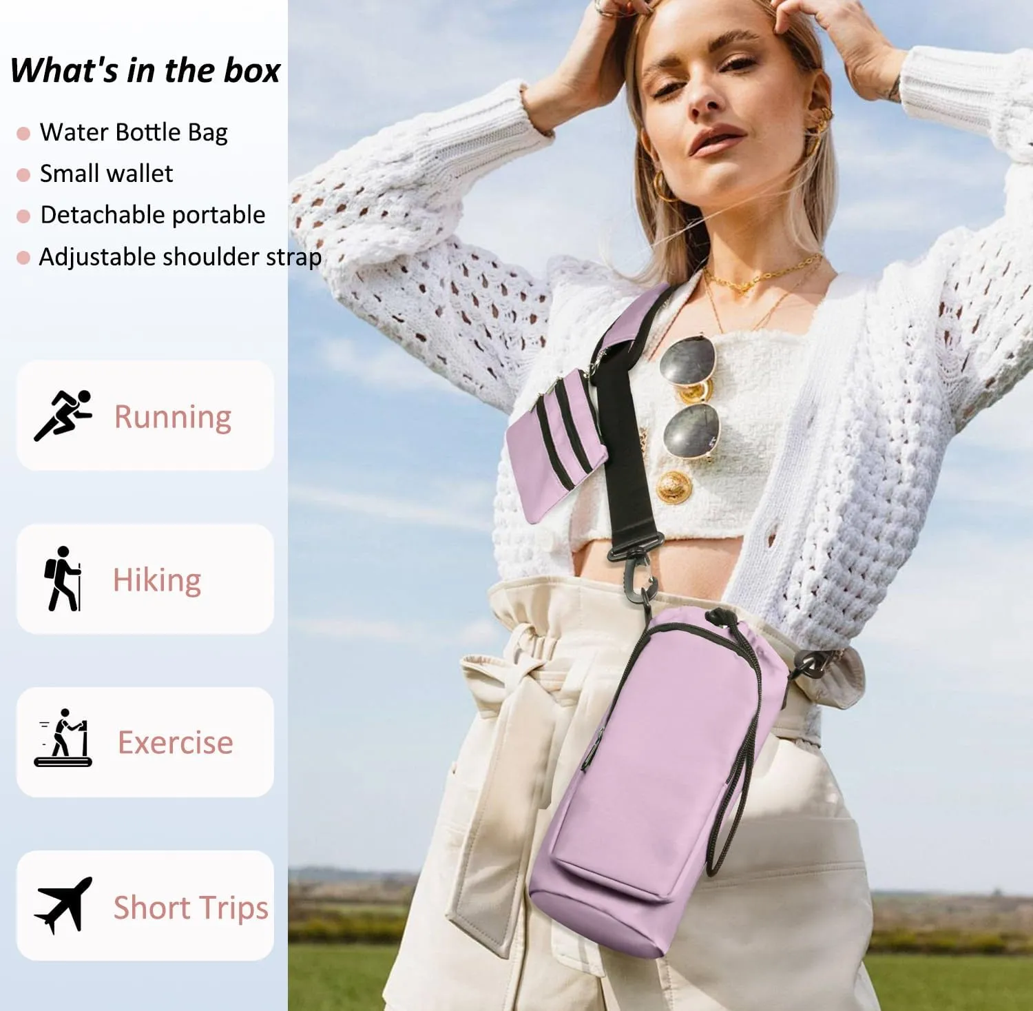 25/32/40 oz Water Bottle Holder with Strap, Water Bottle Bag Crossbody Insulation Water Bottle Holder with Small Purse, Adjustable Shoulder Strap (Dusty Pink)