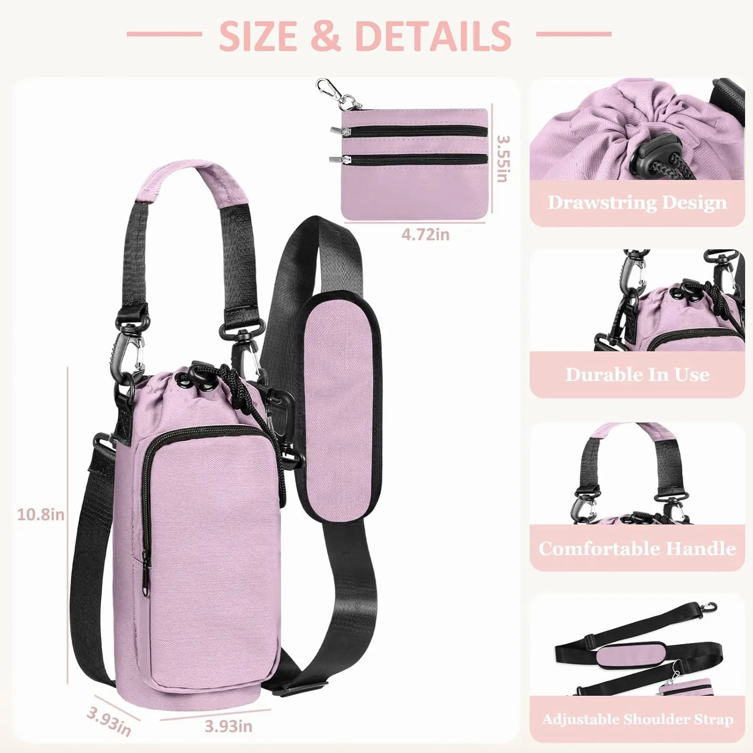 25/32/40 oz Water Bottle Holder with Strap, Water Bottle Bag Crossbody Insulation Water Bottle Holder with Small Purse, Adjustable Shoulder Strap (Dusty Pink)