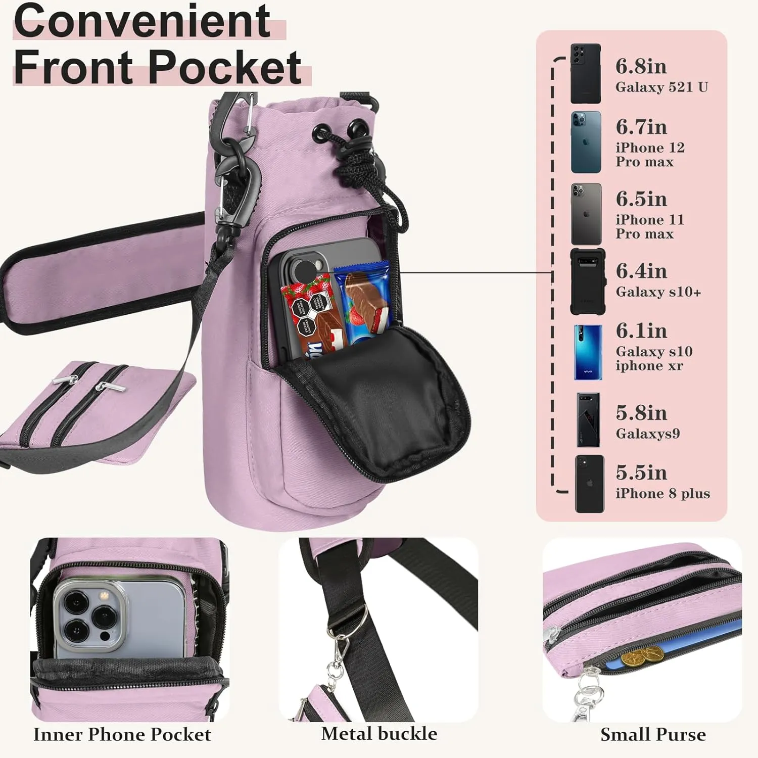 25/32/40 oz Water Bottle Holder with Strap, Water Bottle Bag Crossbody Insulation Water Bottle Holder with Small Purse, Adjustable Shoulder Strap (Dusty Pink)