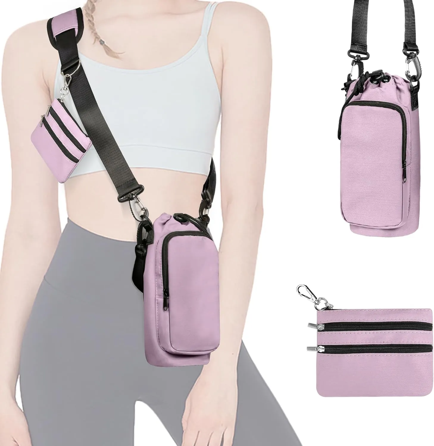 25/32/40 oz Water Bottle Holder with Strap, Water Bottle Bag Crossbody Insulation Water Bottle Holder with Small Purse, Adjustable Shoulder Strap (Dusty Pink)