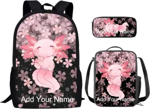 3 IN 1 Custom Cute Axolotl Backpack Cherry Blossom School Bag Set for Kids Girls Children Schoolbag Primary Preschool Secondary School Backpack Kindergarten Bookbag Personalized Name